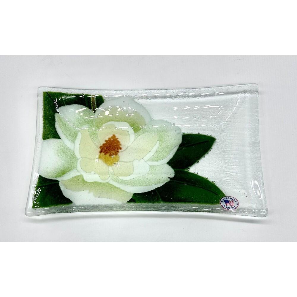 Vintage Signed Peggy Karr Fused Art Glass Tray Magnolia Flower